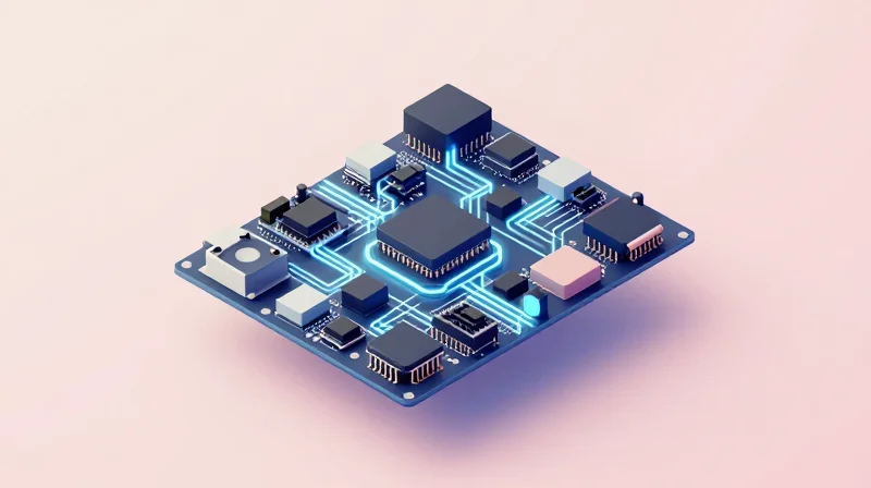 Abstract digital representation of an industrial CNC motion control system architecture with interconnected electronic modules