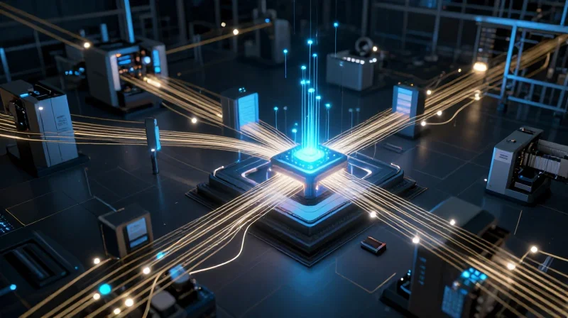 A conceptual view of a smart factory floor with interconnected data streams.