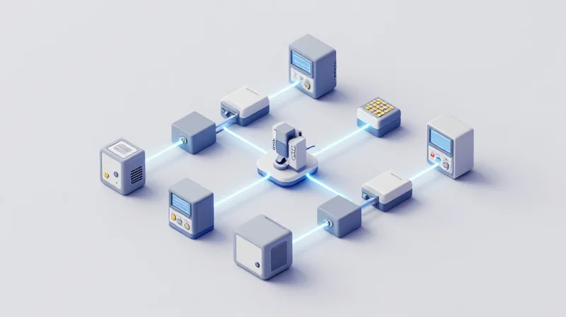 Isometric view of interconnected industrial devices in a network.