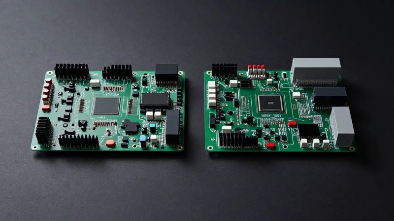 Side-by-side comparison of an old rusted CNC board and a modern sleek AI-driven board.