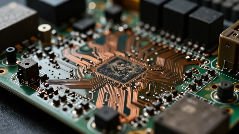 A close-up of an aging, monolithic printed circuit board with dense, cluttered wiring representing legacy elevator controller systems.