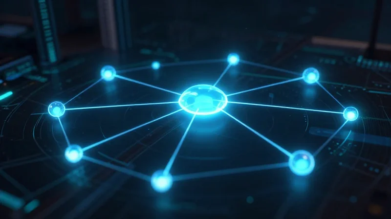 Abstract visualization of data nodes connecting an elevator system to a central digital network.