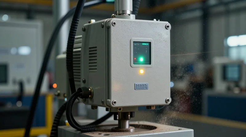 A close-up of a rugged industrial sensor node operating in a dusty, high-heat factory setting