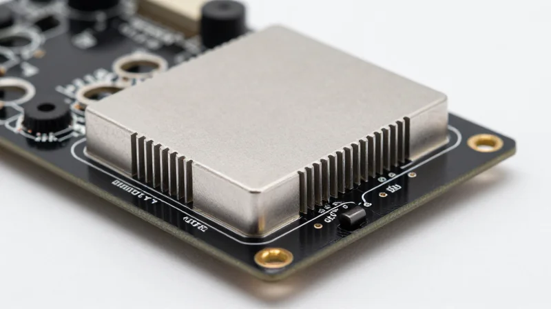 A macro shot of a high-performance PCB with metallic heat sinks highlighting thermal dissipation