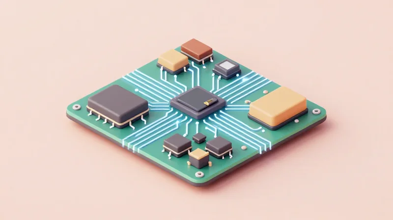 An isometric 3D visualization of electronic component placement on a motherboard