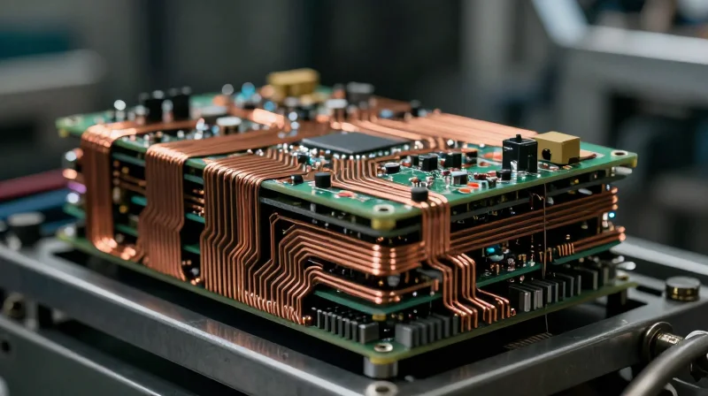 A complex, heavy-duty industrial circuit board inside a welding machine power supply unit.