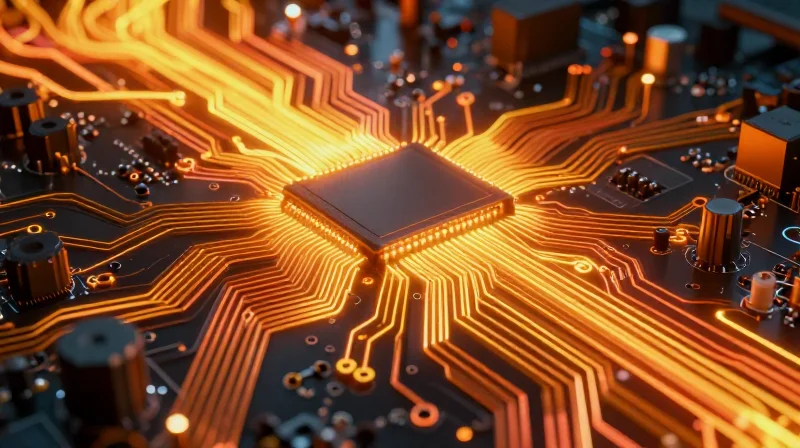 Abstract representation of high-current flow through copper traces on a PCB with heat dissipation glow.