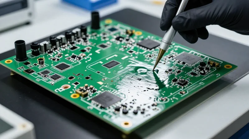 A circuit board being coated with a specialized protective material that shimmers under light.