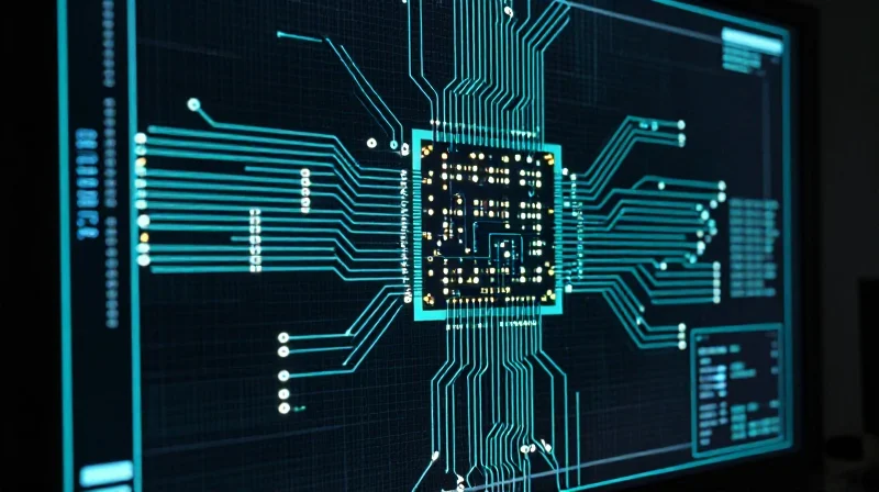 A high-tech X-ray inspection monitor showing internal solder joint structures.