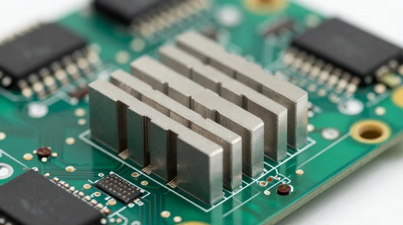 A close-up view of an industrial PCB with large heat sinks attached for thermal management