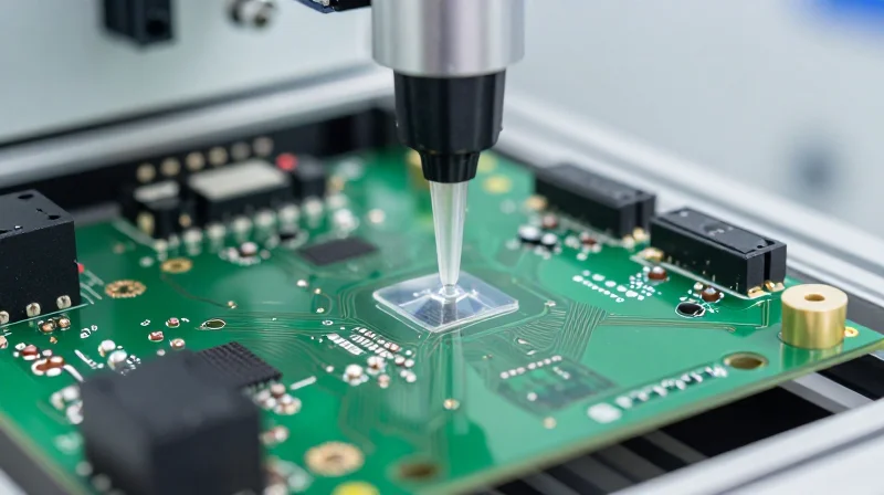 A robotic applicator applying a protective clear conformal coating to a circuit board
