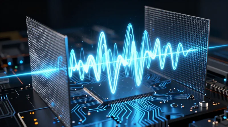 An abstract visualization of electromagnetic waves being shielded by a metal enclosure