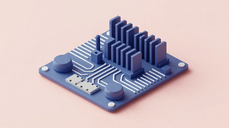 3D isometric representation of heat dissipation fins and vibration damping structures on a circuit board.