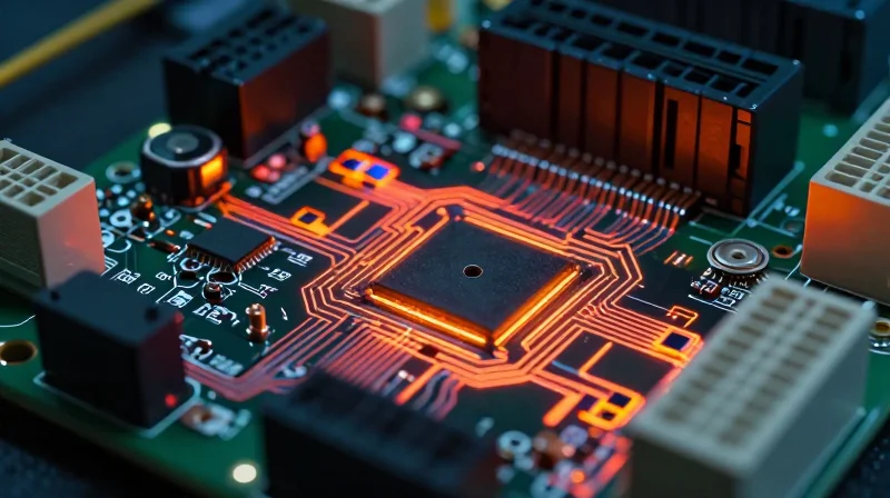A close-up of an industrial HVAC control unit circuit board operating in a harsh, industrial setting with visible heat and dust elements.
