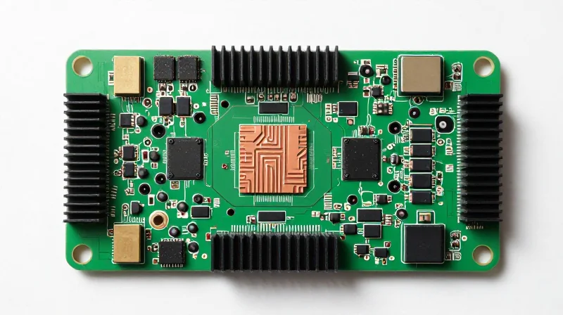 Top-down view of a PCB layout with heat sinks and strategically placed components to maximize thermal dissipation.
