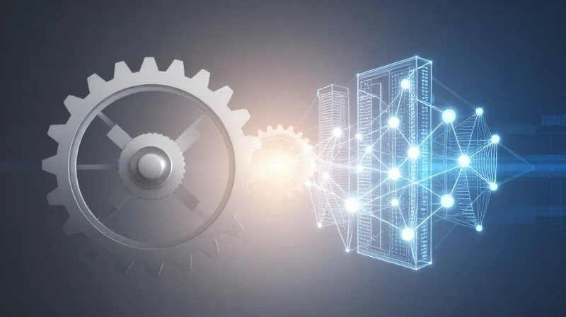 Abstract representation of the transition from mechanical hardware to digital smart building systems