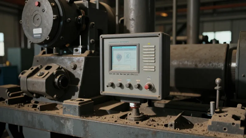 An industrial HMI panel mounted on heavy machinery in a factory with harsh lighting
