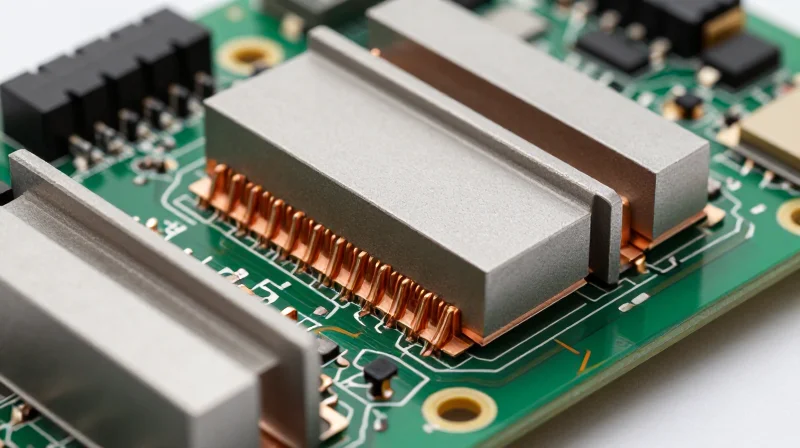 A close-up view of a PCB with heat sinks and copper cooling structures