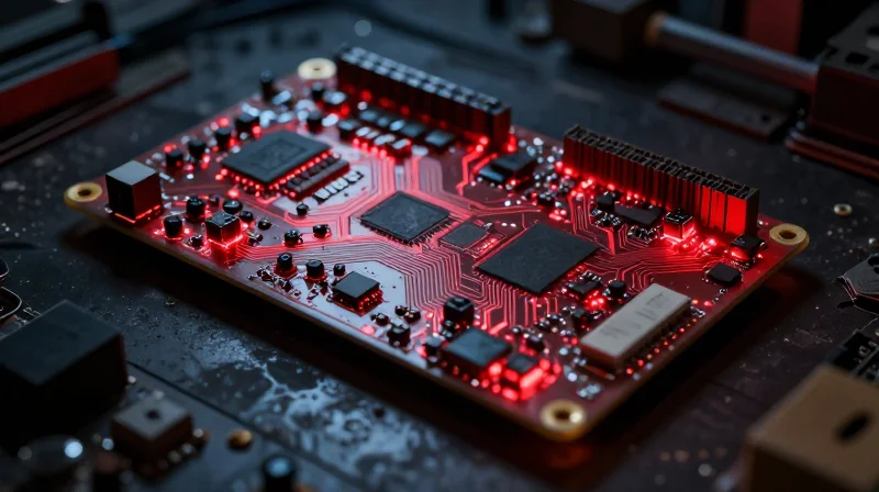 A complex industrial PCB board with glowing red hot spots representing failure points and wear and tear in a dimly lit factory.