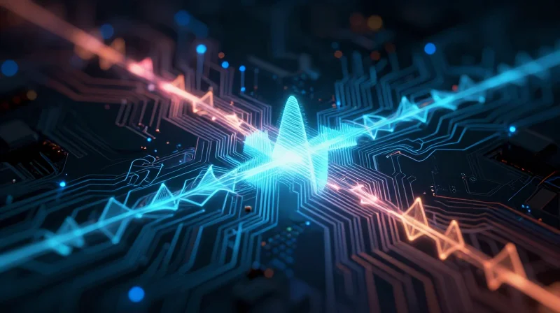 Understanding High-Frequency Signal Integrity Challenges Abstract visualization of electromagnetic waves and signal propagation through a high-frequency circuit board, showing invisible energy flow.