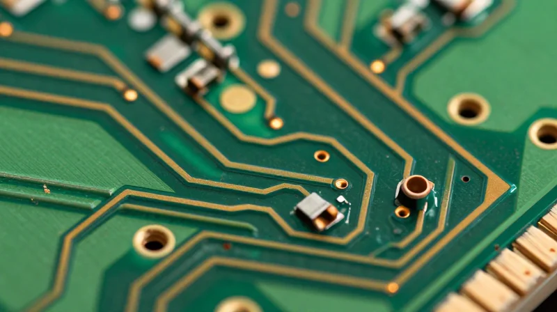 Mastering Impedance Control in LoRaWAN Layouts Macro shot of a precise 50-ohm microstrip trace on a green PCB.
