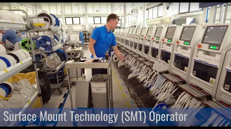 An engineer operating an SMT machine for electronics assembly