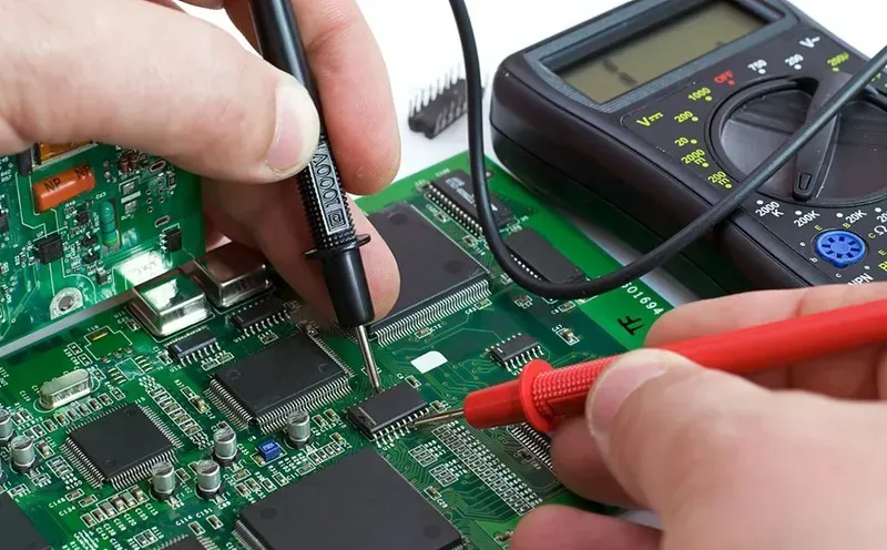 Technicians performing tests on a PCB board