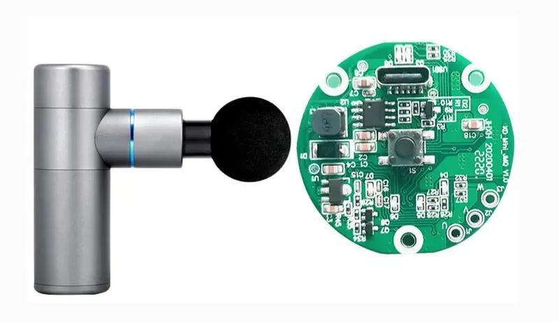 A fascia gun with an integrated IoT module visible