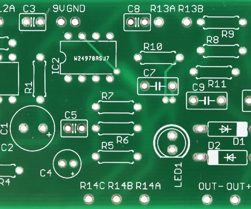 A close-up view of a PCB circuit board design