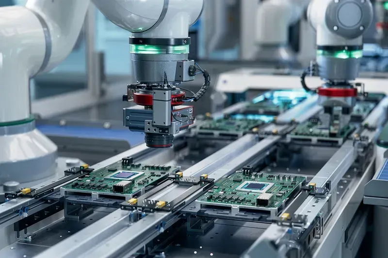 An automated production line in a PCB manufacturing factory