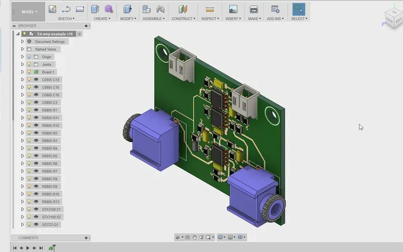 Screen showing PCB layout design in specialized software