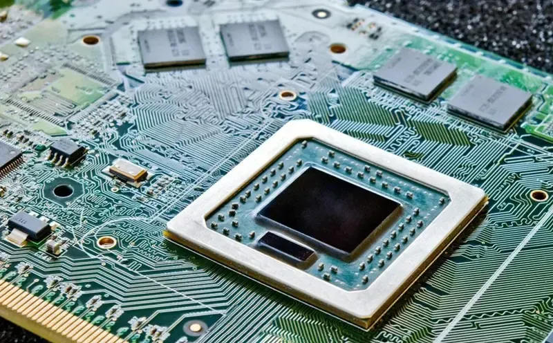 A close-up view of a high-density interconnect PCB board