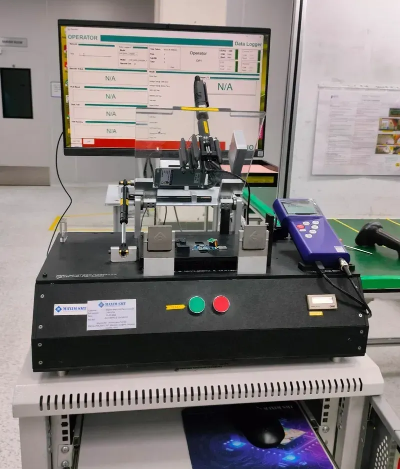 Automated testing equipment checking a PCB for quality assurance