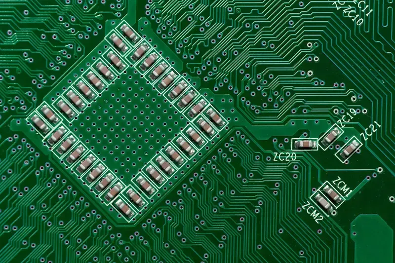 Close-up of a complex multilayer PCB board design
