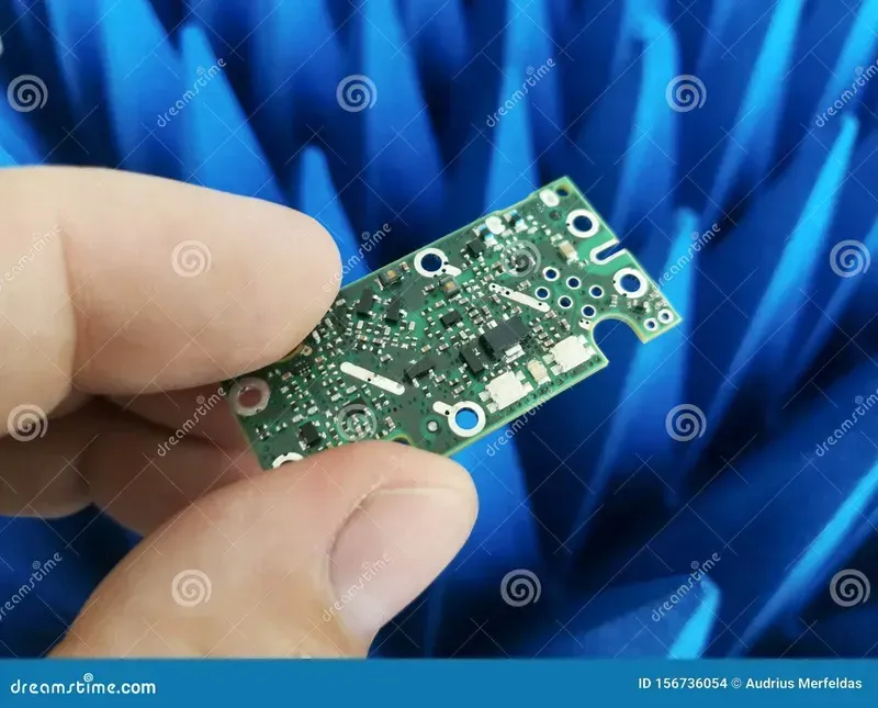 An engineer holding a PCB board in a lab.