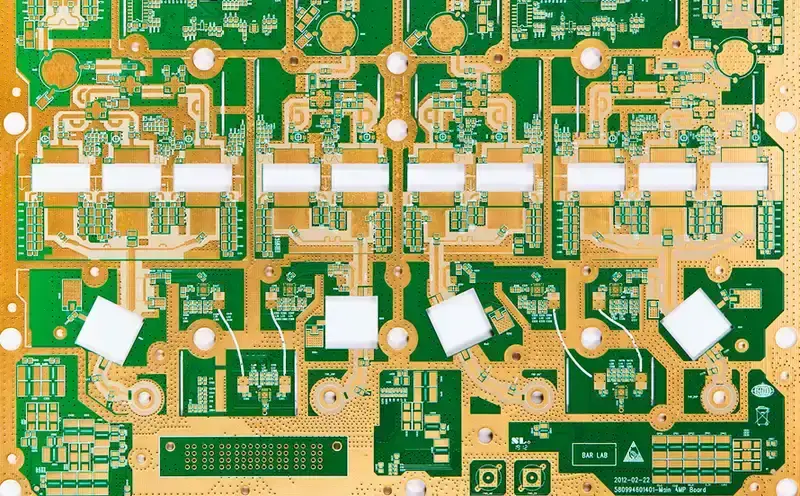 Close-up of a high-frequency PCB for radar applications