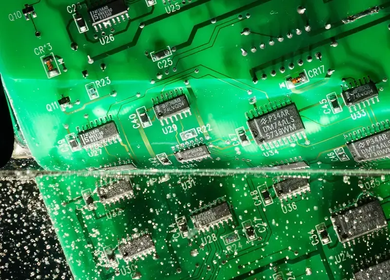 Close-up of a PCB board with a clear conformal coating for outdoor weather protection