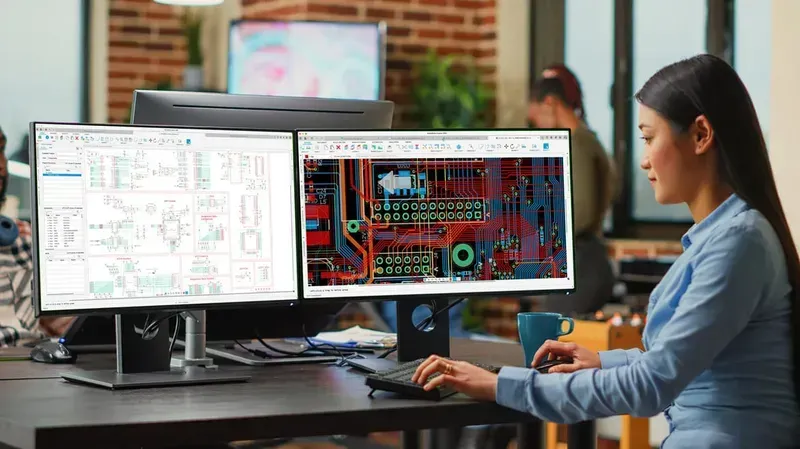 Engineer working on a visitor management terminal PCB design at a desk with monitors